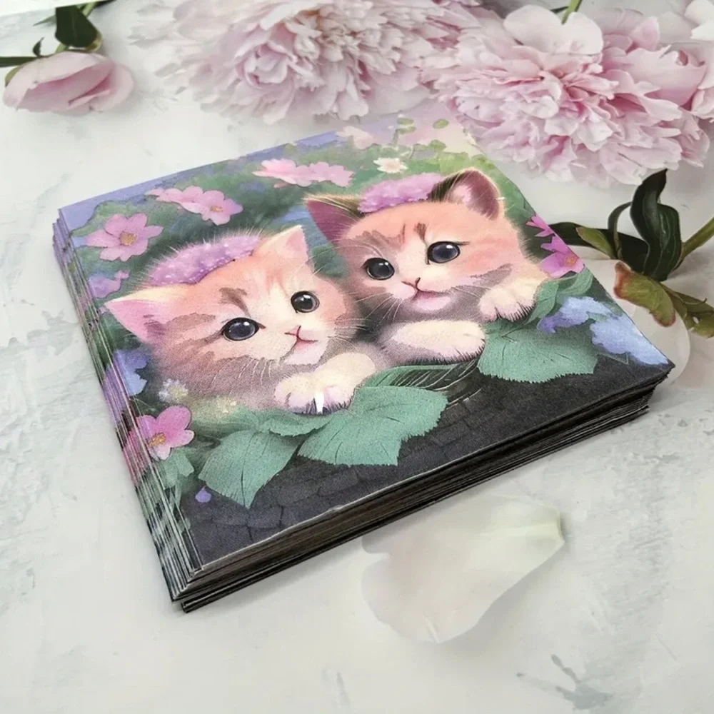 Sweet Kittens in Basket Foliage Luncheon Paper Napkins, 20 ct